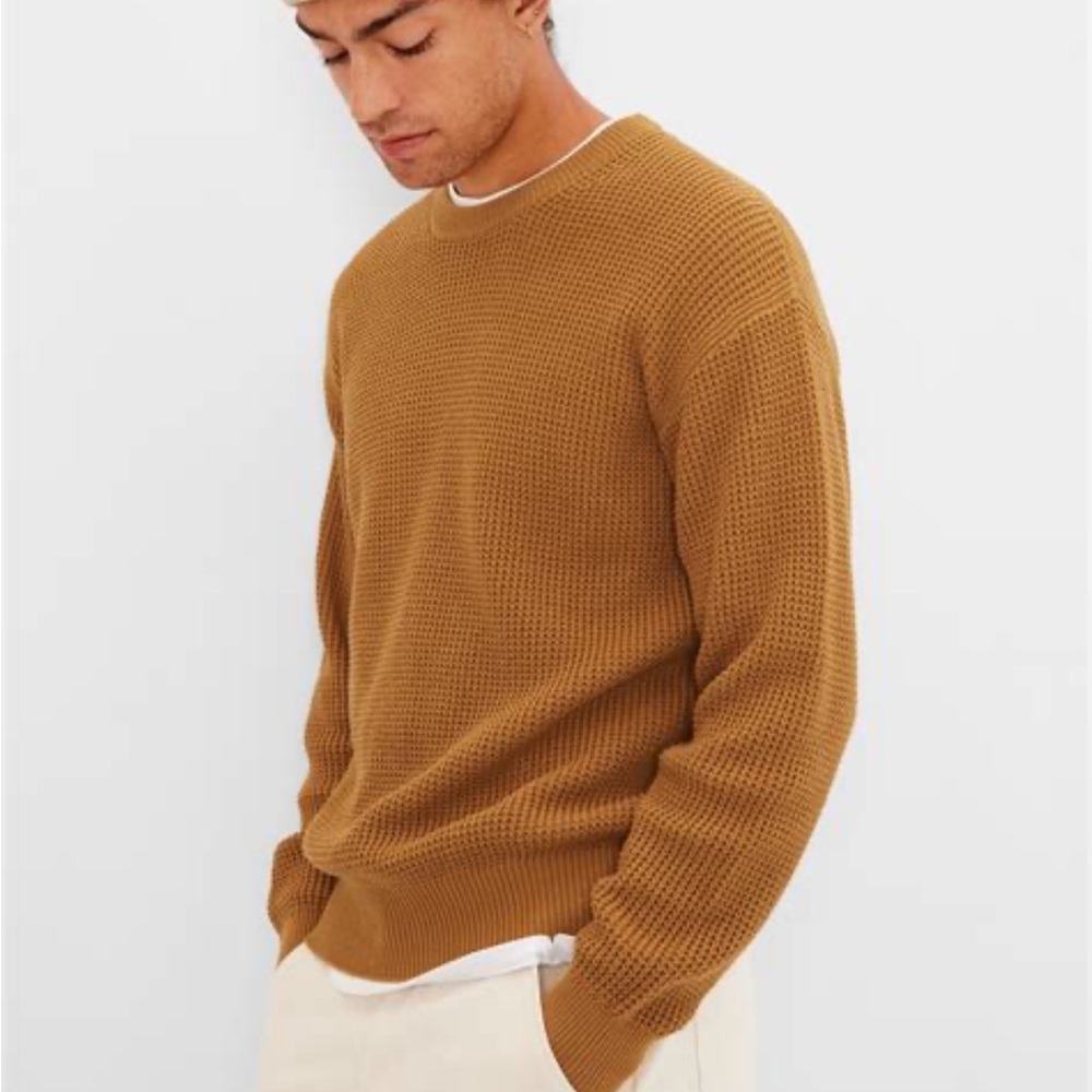 Gap 100% cotton waffle knit ribbed hems sweater teddy bear brown honey mustard